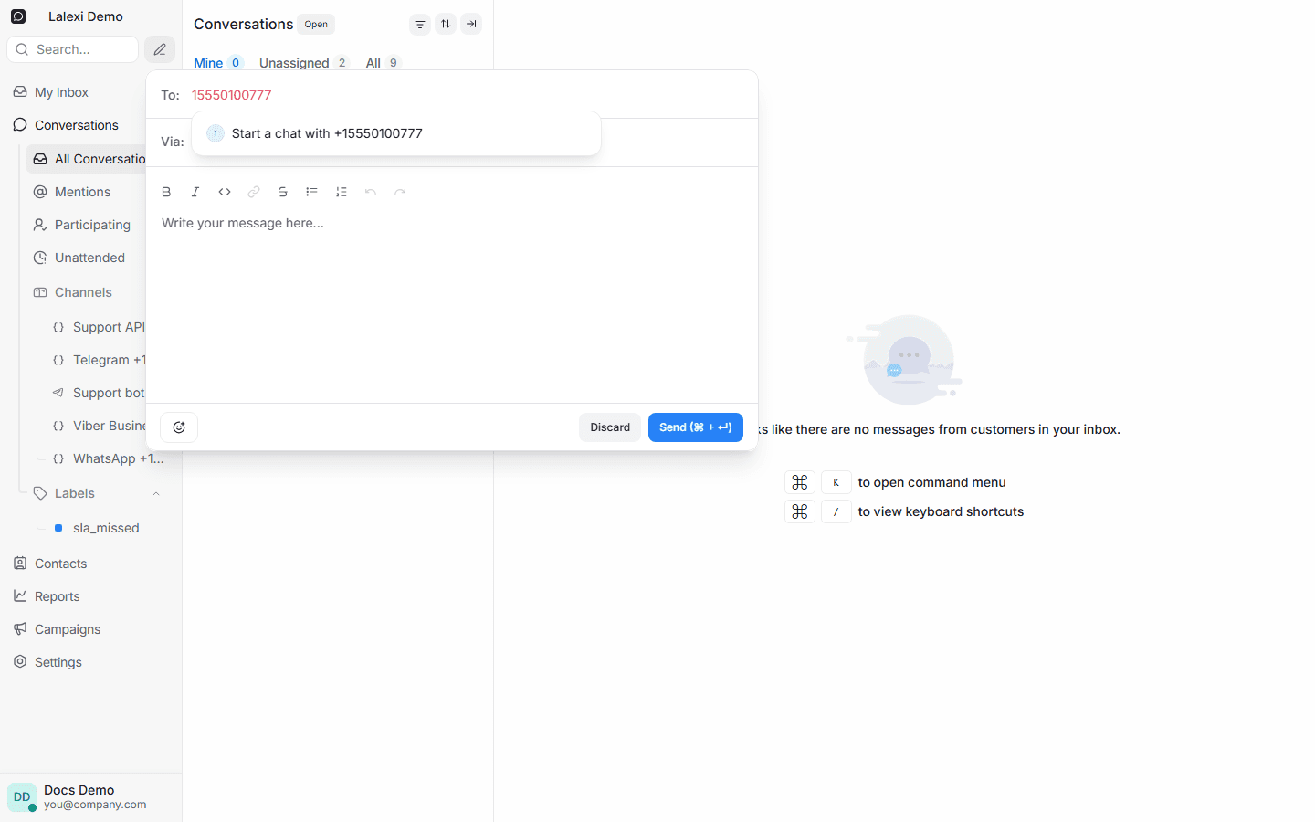 Поле «To»: пункт «Start a chat with» для нового номера