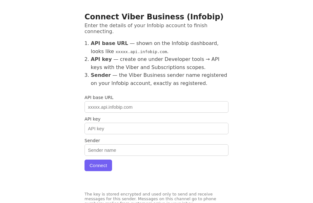 Форма подключения Viber Business: базовый URL, API-ключ и отправитель