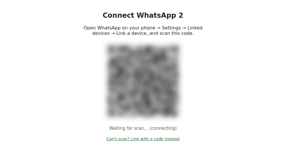 Страница привязки WhatsApp с QR-кодом